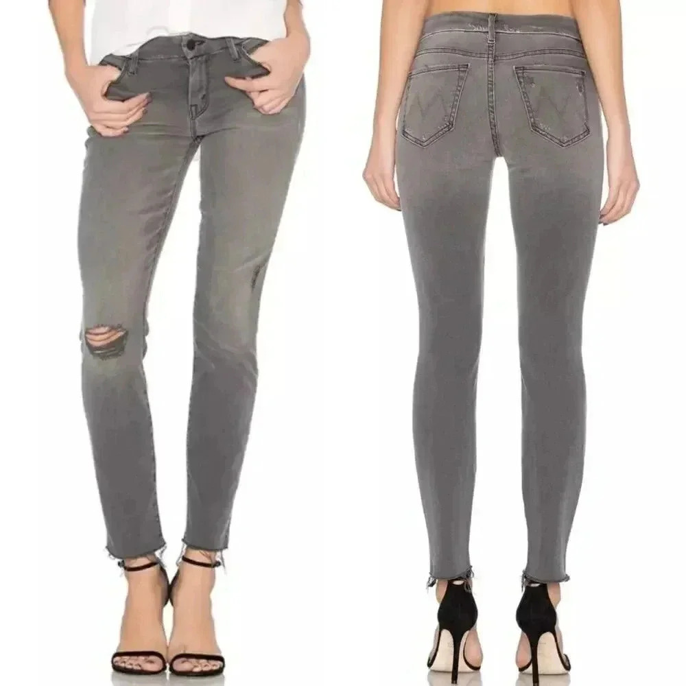 MOTHER Looker Ankle Fray Skinny Stretch Gray Denim Jeans Distressed 25 or 26